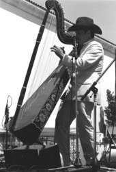 Jesus Rodriguez playing the Venezuelan harp at Historical Museum of Southern Florida during Traditions Festival - Miami, Florida.