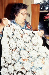 Theresa Griffin showing an example of Minorcan crochet and needlework - Elkton, Florida.