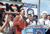 Governor Claude Kirk speaking at campaign beach party for Republican presidential primary candidate New York Governor Nelson Rockefeller