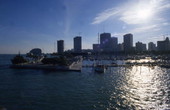 Looking south at Miamarina at Bayside and Miami skyline.