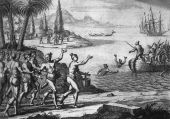 Le Moyne lithograph of Timucua Indians greeting the French - Florida