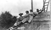 Clarissa Rolfs (top of ladder) and unidentified girls at the USDA Research Center - Miami, Florida.