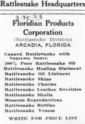 Advertisement for Floridian Products Corporation Rattlesnake Division.