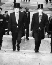 Florida Governor Kirk and Governor-elect Askew mounting the steps of the Capitol.