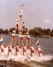 "Four-Tier Pyramid" of waterskiers shown during a performance at the Florida Cypress Gardens theme park in Winter Haven, Florida.