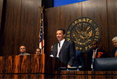 UF football coach Urban Meyer speaking during the "Gator Day" festivities at the Florida Legislature in Tallahassee, Florida.