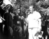 Wakulla Spring manager Newt Perry with actors portraying Bantu warriors - Wakulla Springs, Florida.