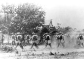 Company B of the 21st Infantry on a dusty march during the Spanish-American war