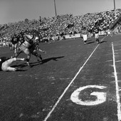 #21 FB Larry Brinkley being tackled during FSU football game in Tallahassee against Virginia Tech University.