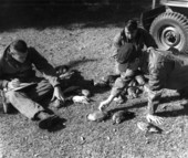 Dale Crider, Jimmie McDaniel and unidentified worker checking birds.