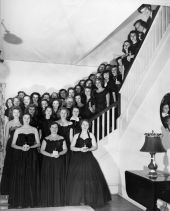 Nancy Tribble (later Benda) in group portrait at the Alpha Xi Delta Sorority rush party at FSU.