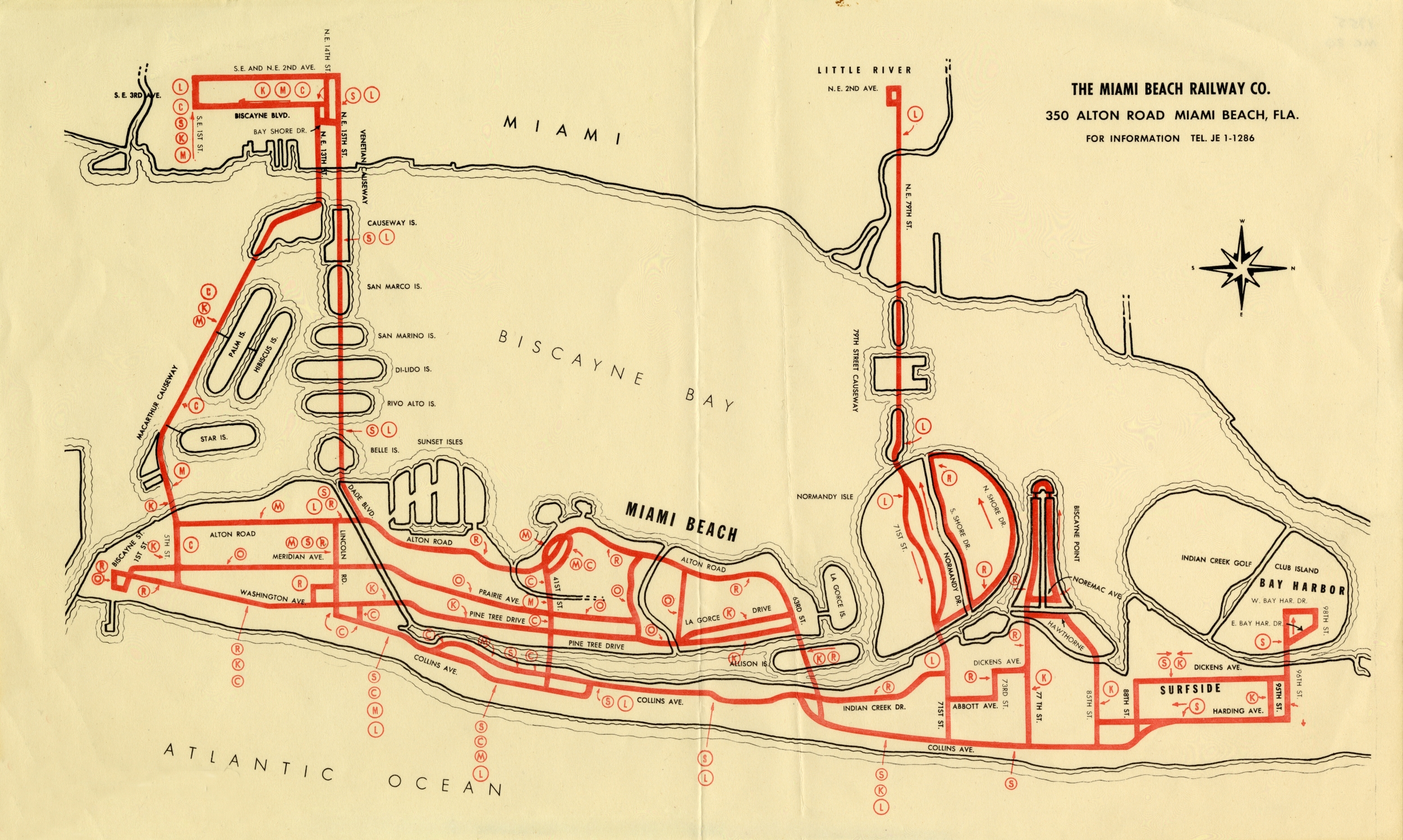 Map of The Miami Beach Railway Co. Routes, 1955