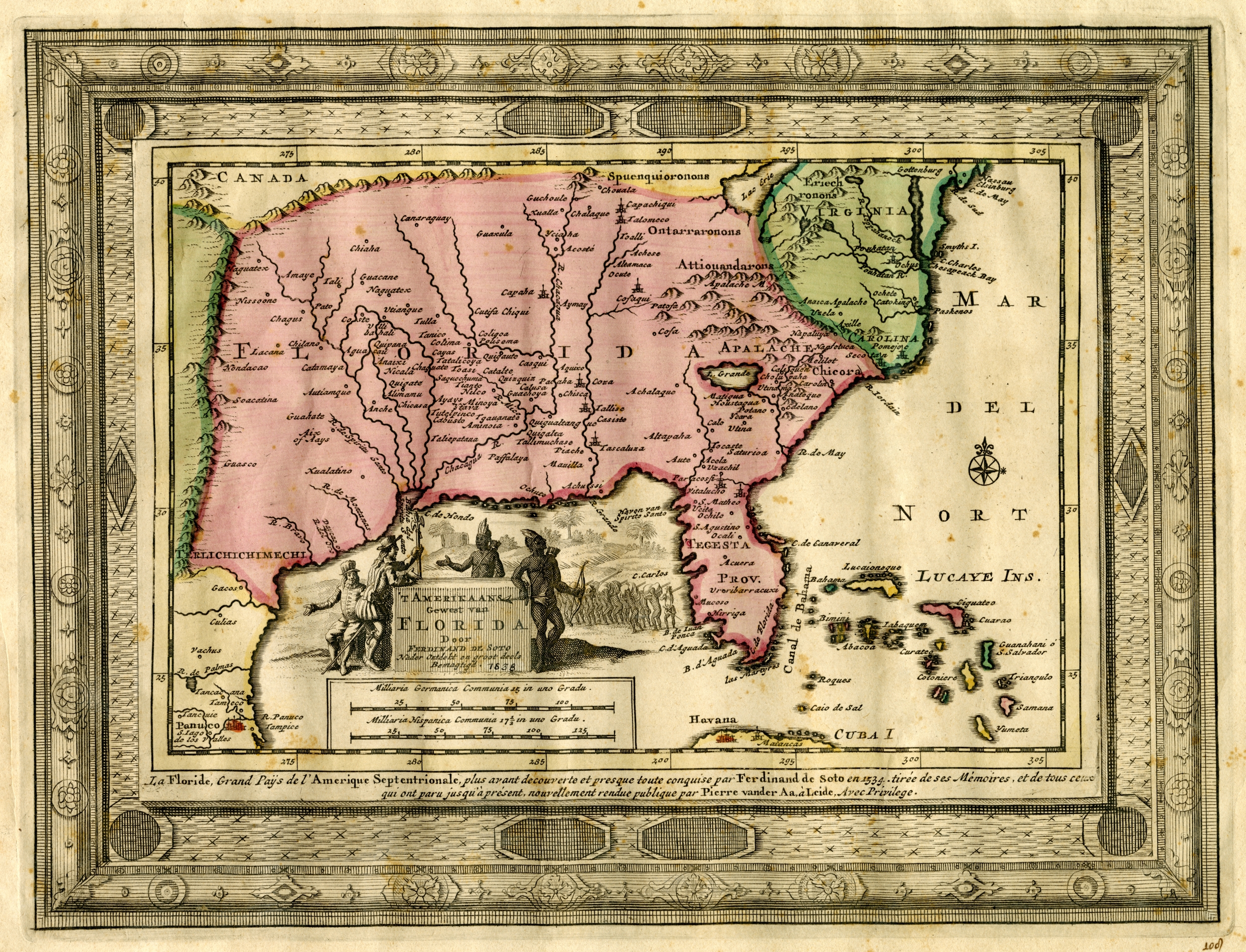 Map of Ferdinand DeSoto's American conquests, drawn from his memoirs, 1638