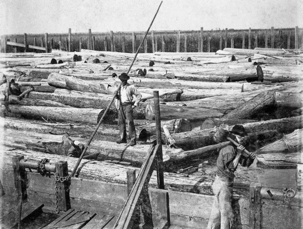 Log boom at Apalachicola, Florida.