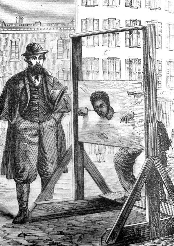 Etching of an Black man in stockade-- Apalachicola, Florida. 1866.